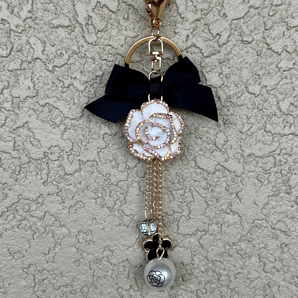 Luxe White Floral Keychain/Bag Charm with Black Bow
